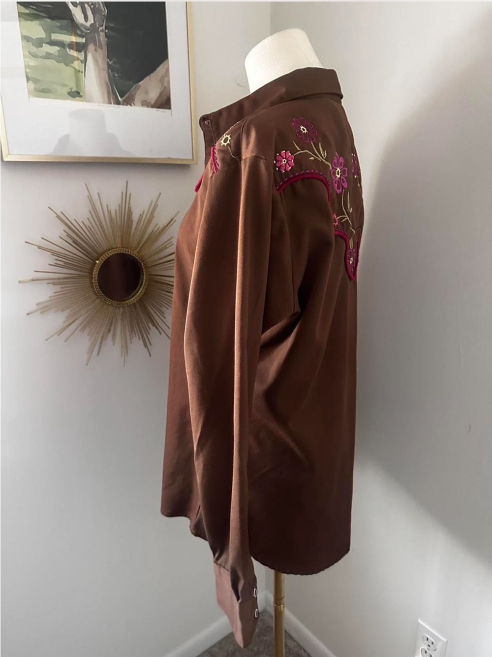 Wrangler Western Embroidered Brown Pink Floral Pearl Snap Shirt L - Picture 3 of 7